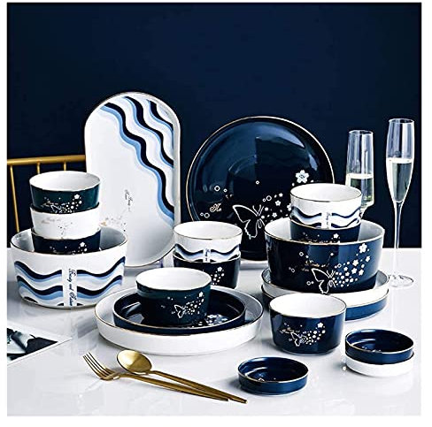 IUBGFTO Fine China Dinnerware Sets for 6-8 34-Pieces Porcelain Dishware Sets Dinner Plates and Bowls Sets Hand-Painted Cloud Butterfly Style