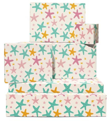 Beiges Geschenkpapier – 6 Bögen Geburtstagsgeschenkpapier für Frauen – Seestern – Urlaub, Strand, tropisch – Sommer – mit Aufklebern – recycelbar – von Central 23