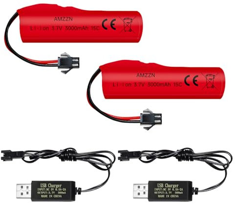 AMZZN 2 Stück 3.7V 3000mAh Lithium-Ionen-Akku mit SM-2P-Stecker und USB-Ladekabel, geeignet für DE42, DE44, DE45, DE68 RC-Fahrzeuge, Lastwagen, Spielzeug, Off-Road-Rennbatterien