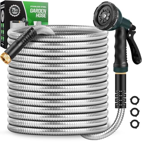 Amayrose Tubo da giardino con ugello a 10 funzioni, tubo flessibile con connettore in metallo a prova di perdite, senza nodi, antipiega, leggero, anti-animali, resistente all'usura, 3/4 GHT, per