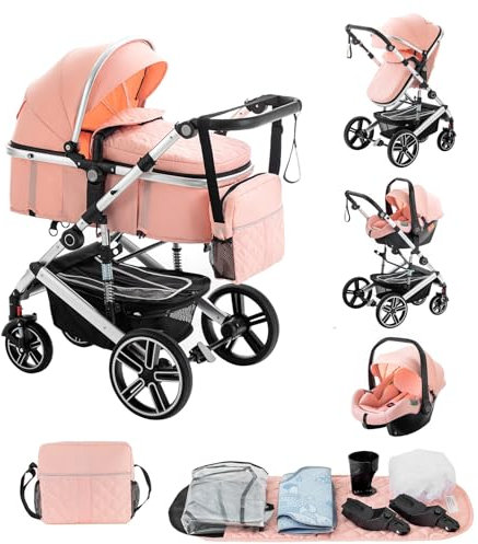 Lnhcrbs Passeggino 3 in 1 con Seggiolino Auto a Norma ECE R129, Passeggino Leggero Pieghevole,Telaio Del Passeggino Fronte Mamma in Alluminio con Sistema di Ammortizzazione,per 0-4 Anni, 22 Kg, Rosa