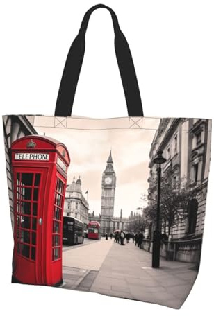 KCGSDEGV Wiederverwendbare Einkaufstasche, Motiv: Londoner Straßendruck, wasserabweisend, Schultertasche für Schule, Reisen, Strand, Arbeit, Schwarz , Einheitsgröße