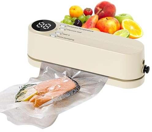 Mini Vakuumierer, Tragbar 60 KPA Folienschweißgerät mit 3 Temperaturstufen, 5 Beutel, 1 Inflator Adapte und 1 Luftabsaugadapter zur Snackkonservierung und Lebensmittelaufbewahrung(beige)