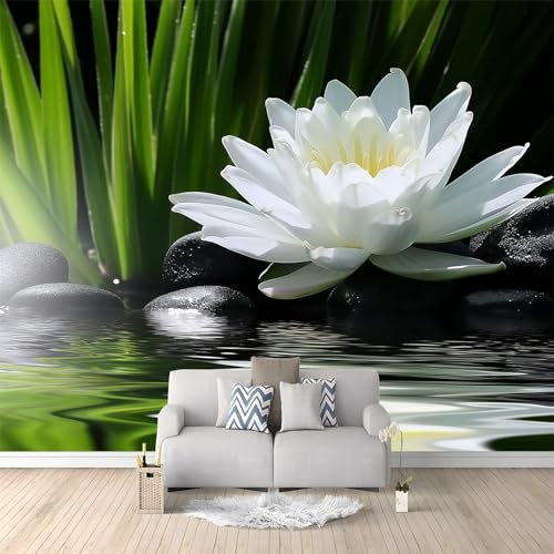 Papier Peint Mural Autocollant Panoramique Tranquillité Nénuphar Zen Impression Intissée Moderne 400 x 280 cm pour Décoration de Salon, Mur TV, Canapé ou Chambre Blanc