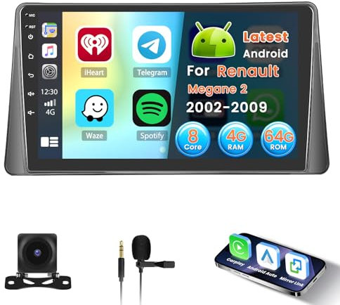 Inefala 8 Core 4+64G Radio para Renault Megane 2 2002-2009 Android 15 con Wireless Carplay y Android Auto, 9'' Pantalla Táctil Estéreo Radio con Bluetooth 5.0 59UI 32 EQ DSP GPS FM/RDS SWC AHD