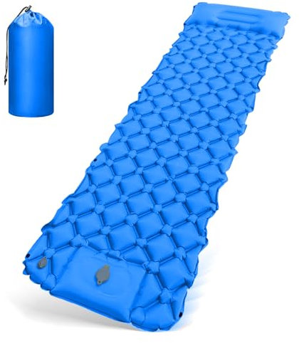 HyAdierTech Materassino da Campeggio, Materasso Gonfiabile Singolo Ultraleggero, Portatile Materassino Campeggio Autogonfiante con Cuscino Pompa a Pedale per Campeggio Spiaggia Escursionismo (Blu)