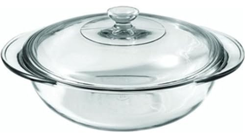 Rammento 2L Large Round Glass Casserole Dish with Lid | Durable Glassware for Baking, Cooking and Serving | USA-Made Kitchen Bowl for Food Prep | 25cm Microwave Safe Roasting & Serving Dish