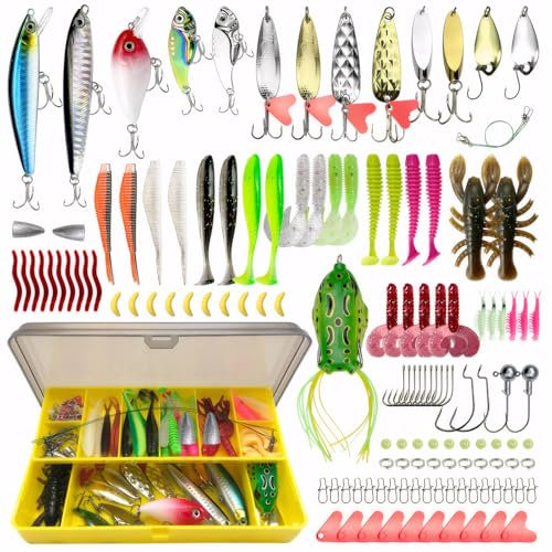 131 Stück Angelköder Set Mit Tackle Box Für Hecht, Angelzubehör Forelle, Fishing Accessories Einschließlich Gummifische, Oberflächenköder, Spinner Für Süßwasser Salzwasser Fischen