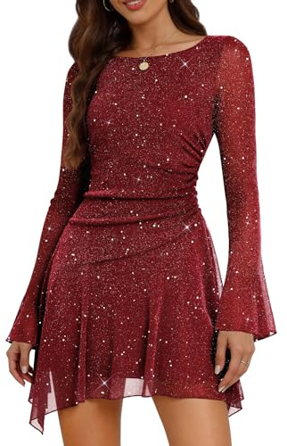 Aupuls Long Sleeve Sequin Cocktail Prom Dress Mini Asymmetrical Sexy Spring Going Out Dresses for Women AUPG026 Burgundy XL