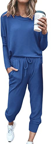 women's fashion Tracksuit Womens Full Set Lounge Wear Sets Sweatsuits Oversized Solid Color Long Sleeve Shirts High Waist Wide Leg Joggers Warm Cosy Soft Nightwear Holiday Dailywear a-Blue XXL