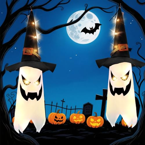 Arespark Halloween-Dekoration für den Innen- und Außenbereich, 2 Stück Geister zum Aufhängen mit Hexenhut, Halloween-Dekoration mit LEDs mit 3 Modi, für Hof, Baum, Rasen, Gartenparty