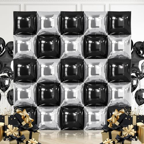Luftballons Schwarz und Silber, 25 Stück 4D Quadratisch Metallisch Luftballons, Doppelseitige Folienballons,Kit Ballons Wand für Geburtstag Hochzeit Babyparty Hochzeit Themenparty-Dekorationen