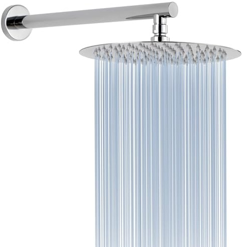 Voolan All Metal Shower Head with Extension Arm, Stainless Steel Waterfall Rainfall Showerheads, High Flow Bathroom Round Rain Shower Heads (10'' Shower + 15'' Shower Arm)