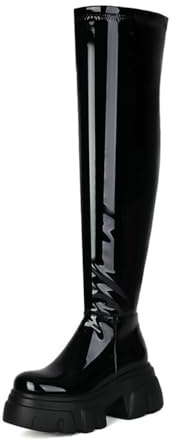 WOkismD Stivali da Donna Alti Fino alla Coscia in Pelle Verniciata - Tacco Spesso da 7 cm con Plateau da 4,5 cm, Cerniera Laterale, Ideali per Feste e Serate,Nero,47 EU