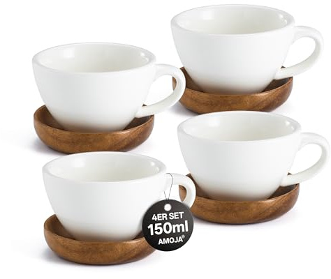 AMOJA Juego de 4 tazas de café con platillos, color blanco, 150 ml, de cerámica de pared gruesa, larga duración, diseño apilable para capuchino y espresso