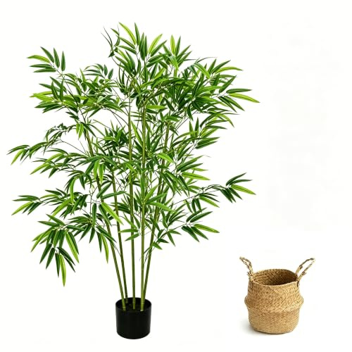 150CM Artificial Plant Tree Indoor with Natural Woven Basket, Lifelike Fake Bamboo Plant Indoor, Tall Faux Green Plant with Adjustable Branches for Living Room Office Bedroom Corner Home Decor