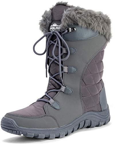 Polar Womens Quilted Lace Up Waterproof Black Outdoor Faux Fur Lined Cuff Snow Rain Duck Boot - Grey - UK7/EU40 - YC0511