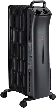 Amazon Basics Portable Oil Space Heater with 7 Oil-Filled Fins, 3 Heat Settings, Adjustable Thermostat, Tip-Over and Overheat Protection, ETL Safety Certificate, 1500W, Black