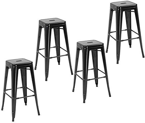 HOMCOM Lot de 4 tabourets de Bar Empilable Chaise de Bar Industriel avec Repose-Pied Hauteur d'Assise 76 cm, Cadre en métal, Style rétro, pour Salle à Manger, Balcon, bistrot ou Bar, Noir
