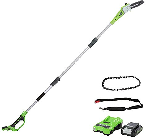 Greenworks Akku-Hochentaster G24PS20K2 ,inklusive 2Ah Akku und Ladegerät+ Sägekette ( 20cm passend für Kettensägen der 24 Volt und 40 Volt Greenworks Serie)