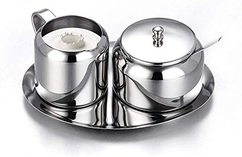 Milch und Zucker Set Edelstahl Zuckerdose Kleine Zuckerdose mit Löffel für Zuhause, Küche, Hotel und Cafés, 3 Teile, Silber