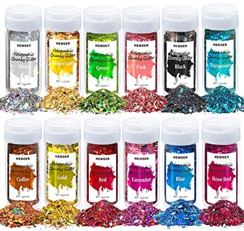 HEMOER 12 Farben holografische Pailletten 12SE, 144 g Pailletten für Gesicht, Kosmetikqualität, Pailletten für Körper, Haare, Epoxidharz, Festival-Party-Kunst und mehr -12 g/Flasche