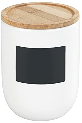 WENKO Aufbewahrungsdose Mod. Waia 0,8 l, Vorratsdose aus hochwertiger Keramik mit Beschriftungsfläche, Bambusdeckel mit Silikonring zur luftdichten Aufbewahrung von Lebensmitteln, Ø 11 x 14,5 cm