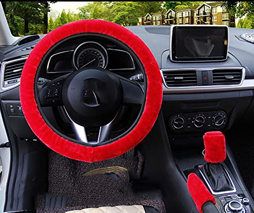 Duories Universal Plüsch Auto Lenkradbezug Lenkradhülle 3 Stück Handbremse Schaltabdeckung Lenkradschoner Warme Winter Fell Lenkradabdeckung Lenkradhüllen Lenkrad Abdeckung Auto Zubehör für Damen,Rot