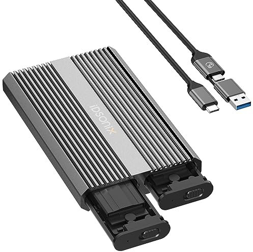 iDsonix Dual-Bay M.2 Enclosure For 2 x M.2 NVMe SSDs 10Gbps Fast Speed Aluminum Stripe Anti-Heat USB 3.1 Gen2 Type C NVMe Hard Drive Enclosure Adapter