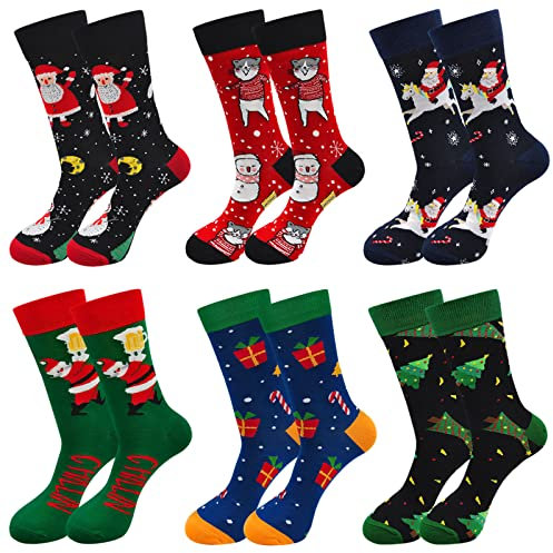 ZAKASA Herren Weihnachtssocken Bunte Sportsocken: Baumwoll Kuschelsocken Lustige Socken mit Weihnachtsmann Motiv Neuheit Christmas Socken Neujahr Geschenk für Männer EU 39-46 Weihnachten A-6 Paare