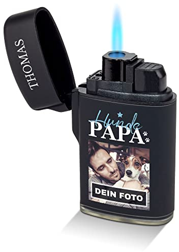 Feuerzeug - Hundepapa - selbst gestalten - mit eigenem Hunde-Foto und Namen Bedrucken - Foto-Geschenk - Sturmfeuerzeug, Flüssiggas nachfüllbar I Geschenk personalisiert