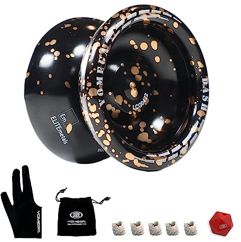 Yomega Dash Yoyo - Pro Aluminum Metal Unresponsive Yoyo with C Size Ball Bearing for Advanced yo yo Tricks + Extra 5 Strings + Glove + Bag + Die & 3 Month Warranty (Black Gold)
