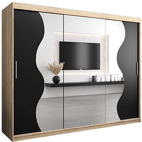 KRYSPOL Schwebetürenschrank Madryt 250 cm mit Spiegel Kleiderschrank mit Kleiderstange und Einlegeboden Schlafzimmer- Wohnzimmerschrank Schiebetüren Modern Design (Sonoma + Schwarz)