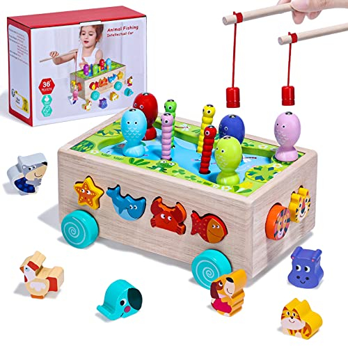 BNEHHOV Montessori Spielzeug ab 3 Jahre Lernspielzeug Motorikspielzeug Magnetisches Angelspiel Holzspielzeug 6-in-1 Multifunktion Tiere Sortier Stapelspielzeug Spielzeug für Kleinkinder Baby