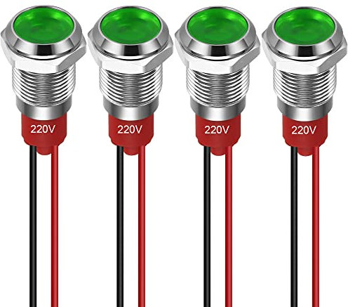 GUUZI 4pcs 10mm Voyant LED 220-230V Signal Lumineux étanche Panneau Métallique Voyant LED Montage sur Panneau Tête Plate avec Fils Coque Argentée (Vert)