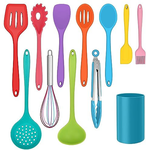 Herogo Kitchen Utensils Set of 12, Silicone Cooking Utensils Set with Holder for Baking, Non Stick & Heat Resistant Cookware Include Spatula Whisk Spoon Turner Tongs, Dishwasher Safe, Multicolour