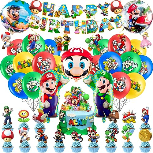48 Stück Super Geburtstag Deko, Mar Luftballon und Tortendeko Mitgebsel-6 Hängewirbel Happy Birthday Banner, 16 Tortenaufsätze, 20 Latexballons, 5 Folienballons für Jungen, Mädchen, Kinder, Baby