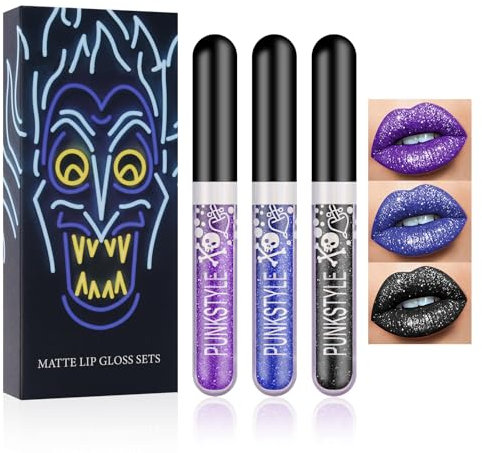 Horuili® 3 Stück Farben Glitzer Lippenstift Set, Matt Flüssiger Glänzender Lippenstift, Diamant glänzender langanhaltender Lippenstift, Schimmer Lipgloss Kit für Halloween Party Maskerade Cosplay