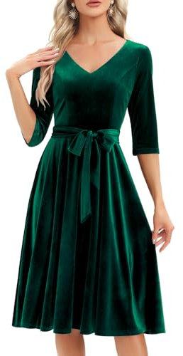 Bbonlinedress Rockabilly, abito da donna a 3/4 con scollo a V, a maniche lunghe, abito da cocktail vintage, velluto verde scuro, M