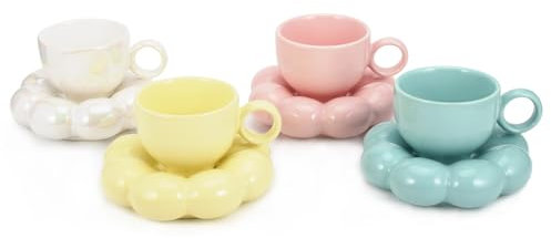 Koythin Lot de 4 tasses en céramique motif tournesol avec sous-verre en forme de nuage, 200 ml, esthétiques pour thé, latte, lait (blanc, rose, jaune, bleu)