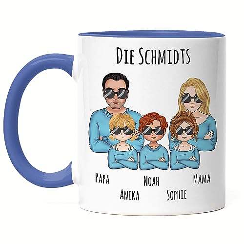 Kiddle-Design Familien Tasse Blau Personalisiert Vater Mutter 3 Kinder Muttertag Vatertag Papa Mama Coole Family Sohn Tochter