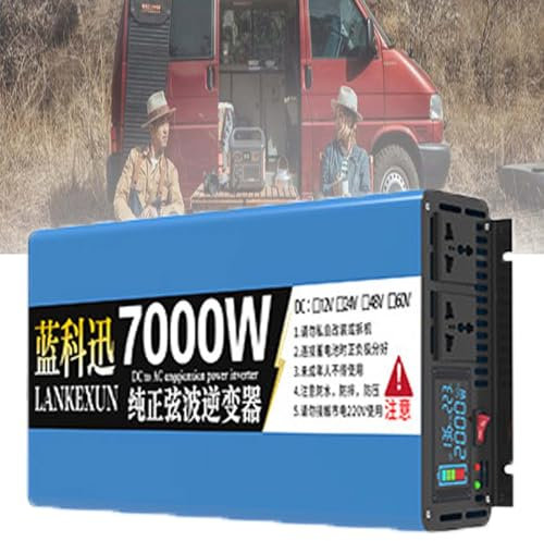 JINGEDD Transformateur 4000W 5000W 6000W 7000W Onduleur à Onde SinusoïDale Pure DC 12V 24V 48V à AC 220V Convertisseur 2 Prises AC 2 Ventilateurs pour Camion,Bateau,Camping,Maison,Van,12V-7000W