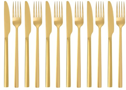 QUCHER 12 Stück 18/8 Besteckset aus Edelstahl, 6 × Tafelmesser - 6 × Gabel, pflegeleicht und spülmaschinenfest (Gold)