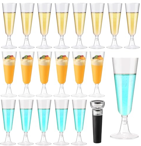 MAIXINNEW 20 Pezzi Flute Plastica Riutilizzabili Bianchi 150ml, Calici Plastica Rigida Lavabili, Bicchieri Champagne Plastica con Tappo Vino Sottovuoto per Feste, Matrimoni
