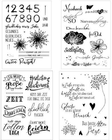 4 Blätter Silikonstempel Sprüche Deutsch Set Deutsch Stempel Silikon Clear Stamps Silikon Stempel Set für DIY Bullet Journal Scrapbooking Geburtstag Stempelset