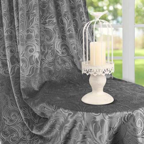 Rosnek Samt Vorhang Grau Blickdicht Kräuselband 2er Set,H260xB132CM Thermogardine Luxus Vorhang Blickdicht mit Muster,übergardinen Vorhang Verdunkelung Barock Deko für Wohnzimmer,Grau
