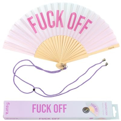 FISURA – Origineller Handfächer mit der Botschaft F*ck off. Moderner und witziger Holzfächer. Fächer in lila Farbverlauf. Fächer mit Fächerhalter. Maße: 42,5 x 23 cm.