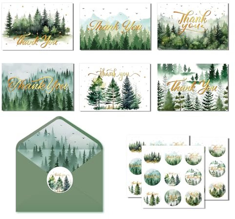 CC HOME Grußkarten mit Umschlägen, 24-teiliges Waldmuster Weihnachten Dankeskarten Grußkarten, Faltende Postkarten mit Umschlägen und Aufklebern für Familie, Freunde Grüne