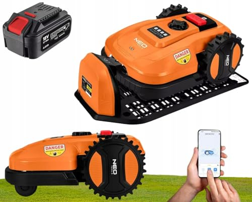 NEO TOOLS Tondeuse robot avec batterie interchangeable (batterie 4 Ah incluse) pour jardins jusqu'à 600 m² - Contrôle application smartphone, station de charge, câble limite 100 m, 18 V, moteur sans