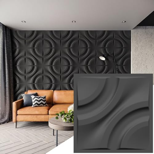 HAILM PVC 3D Wall Panels 10 Pack Wall Panelling 19.7X19.7 Wall Sticker Decorative Waves 3D Effect Wall Tiles Paintable & Cut To Fit Any Space Interior Walls Decor,Black